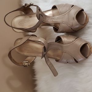 Coach Bianca Cork Heel Sandals Womens 9.5 Taupe Leather Slingback Pumps 5" Heel